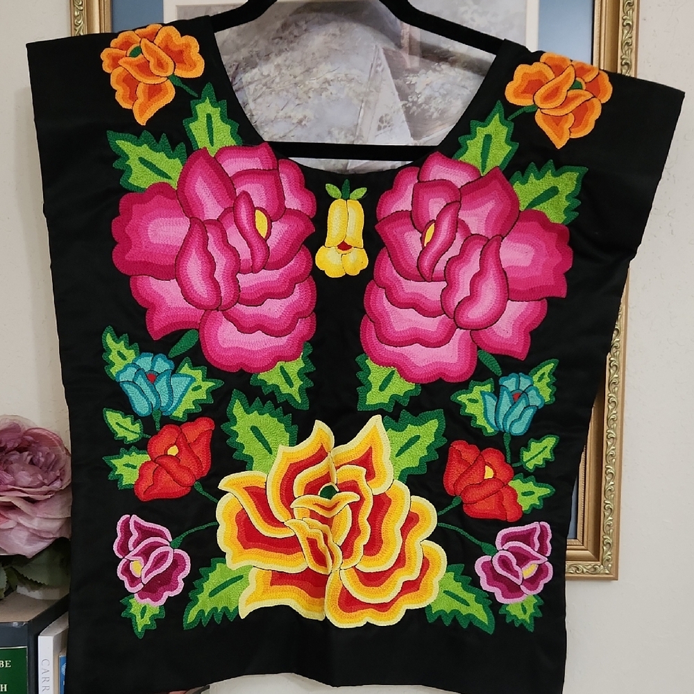 Floral Embroidered Black Top